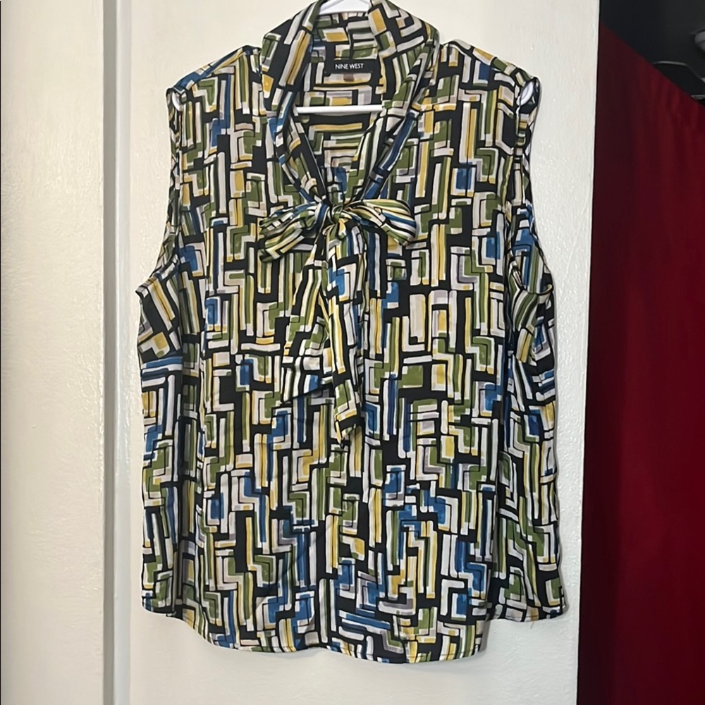 Nine West Blue and Yellow Sleeveless Tie Front Blouse